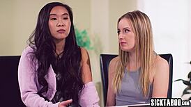 marriage counselor kenzie taylor joins scarlett sage and asian teen for wild pussy licks and fucks