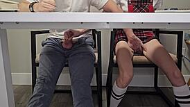 Skinny college girl in uniform flashes wet pussy under desk during dull lecture