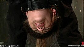 bound slave endures pile driver anal dildo machine deepthroat choking