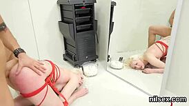 Bound horny slut rides massive cock anally before ass-to-mouth in bizarre bdsm dungeon