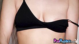 Li Moon strips teasingly posing her petite natural body for Playboy.