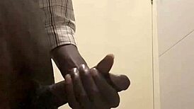 Skinny black college guy caught jerking huge cock in office bathroom cums double