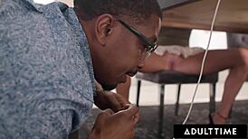 Redhead Stella Luxx Catches Nerd Jerking to Her Shaved Pussy Under Desk Then Rides BBC