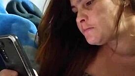 Married redhead video calls lover as husband strokes watching her tits