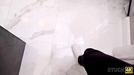 Sensual Blonde Babe Stuck in Kitchen Fucked Hardcore with Glasses On