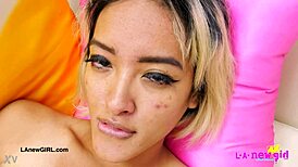 gorgeous asian model stripping her sexy petite body on sofa for photoshoot 😍📸