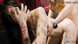 tattooed chinese cougar yaner n rides hard cock moaning wildly in orgasm