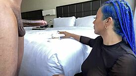 Blue hair throatgoat gags deep on monster cock before sloppy facial explosion