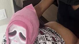 Horny ebony milf and partner sneak from halloween party for big tits creampie foreplay