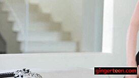 Sexy redhead babe spreads shaved pussy wide for friend's sideways banging thrill.