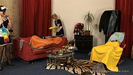 crazy cfnm maids go femdom wild with strapon in part 1... 😈🔥