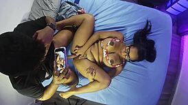 Petite pregnant stepmom begs tattooed son for creampie in lingerie