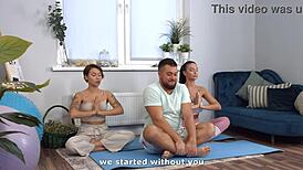 Inked Yoga Instructor Joins Bisexual Couple for Licking Anal Doggystyle Threeway Orgy