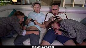 those sexy milfs ride their stepsons cocks while gaming turns into hardcore orgy