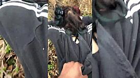 that emo slut chokes on black dick right in the public forest doesn't she