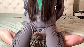 Asian Wife Brutally Facesits Husband in Bedroom Wrestling Domination