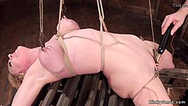 blonde huge tits milf hogtied in backbend bondage gags on deepthroat while roughly punished