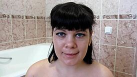 Brunette in Stockings Shaves Hairy Pussy Beaver Lips Close-Up Bathroom Fetish Homemade