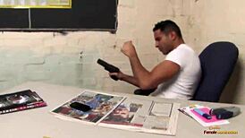 brunette nurse blows guy then rides his big cock in latex