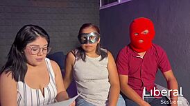 Wife's first cuckold threesome as husband watches her with two guys