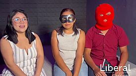 Wife's first cuckold threesome as husband watches her with two guys