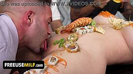 Busty asian chef bends over counter for dildo pounding and tit licks