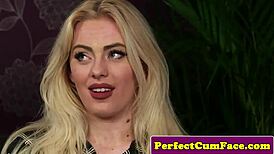 British Lingerie Babe Sucks Cock for Voyeur Facial Cumshot