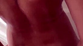 Overwhelming Ecstasy Cumming on Her Huge Tits After Wet Shower Blowjob