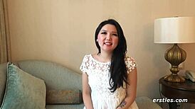 Ameliya spreads legs fingers shaved pussy clit intimately on bedroom bed