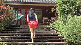 amateur babe teases pussy upskirt no panties short skirt garden fresh air 4k