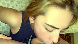 hot blonde deepthroats cock then takes cum in mouth