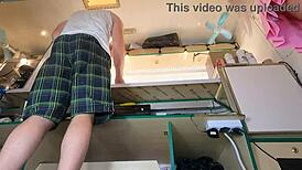 voyeur spies hot girl pink dress upskirt no panties tampon pussy tease at work