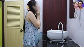 asian babe washes dishes then teases tight pussy in pov