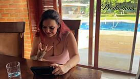 Busty wife spies husband's secret bareback ride with petite slut