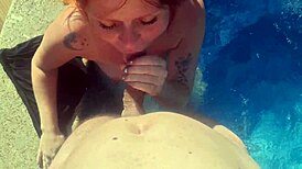 Redhead Hottie Fucked Bareback Doggystyle Oiled in Pool Cum in Mouth Liquid Lunch!
