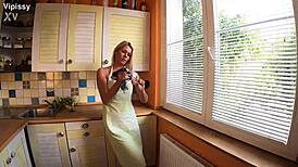 Amateur blonde squirts in kitchen after facial and anal assfucking