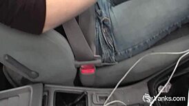 Lou Lebonne fingers shaved pussy to car orgasm explosion