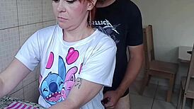 hot redhead teen slut spreads legs on kitchen counter for stepbrother's bareback pounding while washing dishes