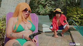 naughty jav milf's huge boobs get creampied by old dude in mummification play