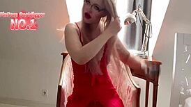 Sissy Bimbo Crossdresses in Glasses Applying Thick Red Lipstick for Intense Fetish Training Session
