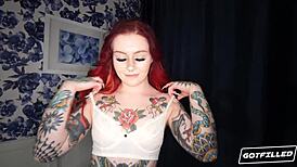 Skinny redhead tattooed petite gotfilled loveless bends over for monster cock creampie footjob