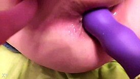 Vibrator shoved deep into tight ass for intense anal play rough thrusting builds to climax