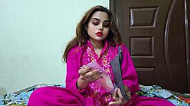 Stepsister flaunts big natural tits and shaved pussy in rough bedroom sex lesson