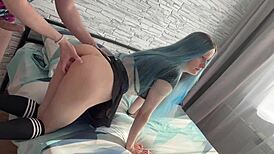 Blue-haired teen slut begs daddy to fill tight pussy with hot cum drench