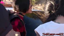 Young tattooed stunners cuffed outdoors, riding police officer's monster cock cowgirl rough in uniform reality threesome!